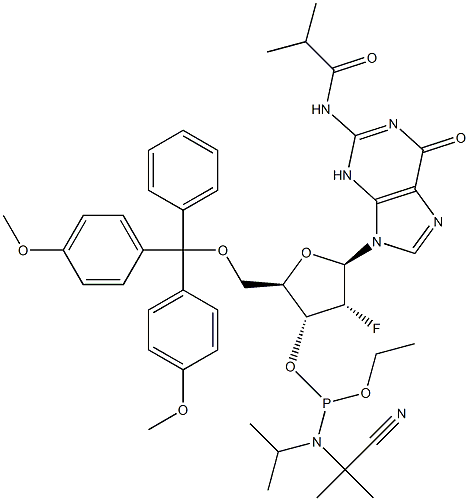5'-O-[Bis(4-methoxyphenyl)phenylmethyl]-2'-deoxy-2'-fluoro-N-(2-methyl-1-oxopropyl) guanosine 3'-[2-cyanoethyl N,N-bis( 1-میتھائلتھائل) فاسفورامیڈائٹ]